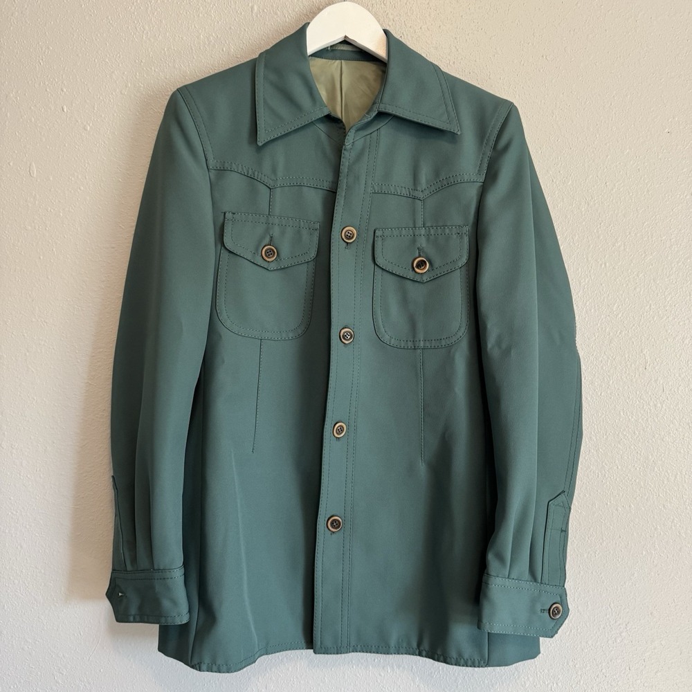 Vintage 70s Men's Deadstock‎ Teal Western Safari Shirt Jacket Boho Chic Korea
